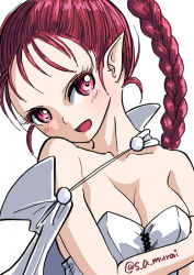 Rule 34 | 1girl, blush, braid, breasts, cape, chrono trigger, cleavage, collarbone, commentary request, flea (chrono trigger), high ponytail, long hair, looking at viewer, medium breasts, open mouth, pink hair, pointy ears, ponytail, portrait, purple eyes, s-a-murai, simple background, single braid, solo, upper body, white background