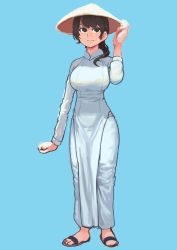 Rule 34 | 1girl, absurdres, arm at side, black eyes, black hair, blue background, blush, breasts, chanta (ayatakaoisii), closed mouth, dress, full body, hand on headwear, hand up, hat, highres, large breasts, long sleeves, looking at viewer, nose blush, original, pants, pelvic curtain, rice hat, sandals, simple background, smile, solo, standing, vietnamese dress, white dress, white pants