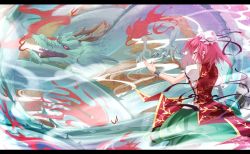 Rule 34 | 1girl, bandages, china dress, chinese clothes, double bun, dragon, dress, eastern dragon, female focus, ibaraki kasen, initial f, letterboxed, pink hair, short hair, solo, touhou