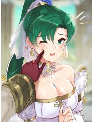 Rule 34 | 1girl, alternate costume, bare shoulders, blush, breasts, bridal veil, bride, brown gloves, cheek poking, choker, cleavage, collarbone, detached collar, detached sleeves, dress, earrings, finger to cheek, fire emblem, fire emblem heroes, gloves, gold trim, green eyes, green hair, high ponytail, jewelry, kiran (fire emblem), kiran (male) (fire emblem), large breasts, long hair, lyn (bridal) (fire emblem), lyn (fire emblem), necklace, nintendo, official alternate costume, one eye closed, open mouth, ormille, out of frame, poking, ponytail, robe, solo focus, veil, wedding, wedding dress, wide sleeves