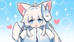 Rule 34 | 1girl, :3, ahoge, animal ears, blue background, fox ears, heart, highres, japanese clothes, kimono, long hair, looking at viewer, open mouth, original, sidelocks, smile, solo, sparkle background, upper body, very long hair, white hair, white kimono, xiaohutu