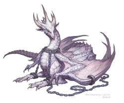 Rule 34 | animal focus, artist name, bound, bound wrists, chain, chained, chained wrists, claws, company name, dragon, full body, g.river, highres, horns, kingdom conquest, looking at viewer, monster, no humans, official art, scales, simple background, solo, tail, western dragon, white background, wings