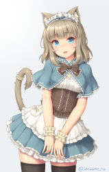 Rule 34 | 1girl, animal ear fluff, animal ears, aqua capelet, aqua dress, aqua eyes, aqua ribbon, black bow, black bowtie, black thighhighs, blunt bangs, blush, bow, bowtie, breasts, capelet, cat band, cat ears, cat girl, cat tail, corset, cowboy shot, dress, frilled corset, frills, grey background, leaning to the side, light brown hair, looking at viewer, maid headdress, medium hair, open mouth, original, petticoat, pocket, ribbon, ribbon trim, sasaame, simple background, skindentation, small breasts, solo, standing, tail, tail garter, tail raised, thighhighs, twitter username, underbust, v arms, wrist cuffs