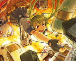 Rule 34 | 1girl, armband, car, daihatsu, explosion, fingerless gloves, fire, foreshortening, gloves, green hair, headphones, highres, honda, honda crx, itou (onsoku tassha), long hair, mazda, motor vehicle, open mouth, original, outstretched arm, outstretched hand, pleated skirt, pouch, reaching, red eyes, skirt, solo, speaker, striped clothes, striped thighhighs, suzuki, suzuki (company), thighhighs, twintails, vehicle