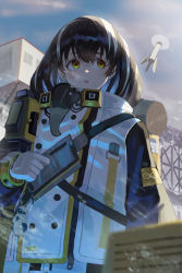 Rule 34 | 1girl, :d, :o, arknights, backpack, bag, bird mask, breath, brown hair, buttons, coat, cold, double-breasted, drone, hair between eyes, highres, magallan (arknights), mannouyakunta, mask, mask around neck, multicolored hair, open mouth, outdoors, short hair, sideways glance, silver hair, smile, snow, solo, strap, streaked hair, theodolite, two-tone hair, upper body, white coat, winter clothes, winter coat, yellow eyes