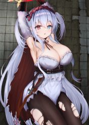 Rule 34 | 1girl, absurdres, armpits, arms up, azur lane, bare shoulders, black gloves, black pantyhose, blue eyes, breasts, cleavage, detached collar, elbing (azur lane), elbing (the throne of misfortune) (azur lane), gloves, hairband, heterochromia, highres, large breasts, long hair, looking at viewer, mito soosu, pantyhose, red eyes, red ribbon, ribbon, short twintails, solo, torn clothes, torn pantyhose, twintails, very long hair, white hair