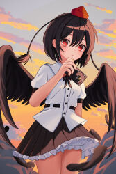 Rule 34 | 1girl, absurdres, black hair, black ribbon, black skirt, black wings, camera, chunjiu, cloud, collared shirt, falling feathers, feathered wings, feathers, floating clothes, frilled skirt, frills, from below, gradient sky, hair between eyes, hat, highres, holding, holding camera, looking at viewer, neck ribbon, outdoors, pleated skirt, puffy short sleeves, puffy sleeves, red eyes, red headwear, ribbon, shameimaru aya, shirt, short hair, short sleeves, sidelocks, skirt, sky, sunset, tokin hat, touhou, white shirt, wings
