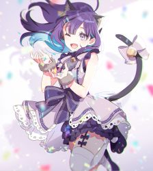 Rule 34 | 1girl, animal ears, bell, blurry, blurry background, cat ears, cat tail, commentary request, dress, fang, hair ornament, hanayori jyoshiryou, hechima (issindotai), highres, kohigashi hitona, leg up, looking at viewer, multicolored hair, one eye closed, open mouth, purple eyes, purple hair, tail, thighhighs, virtual youtuber, white thighhighs