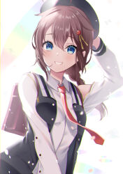Rule 34 | 1girl, ahoge, backpack, bag, black hat, blue eyes, braid, brown hair, collared shirt, dress shirt, hair flaps, hair ornament, hair over shoulder, hat, jacket, kantai collection, letterman jacket, long hair, mashiro aa, necktie, official alternate costume, parted bangs, red necktie, shigure (kancolle), shirt, simple background, single braid, smile, solo, upper body, white background, white shirt
