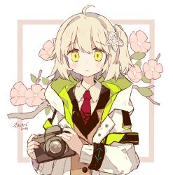 Rule 34 | 2021, ahoge, arknights, artist name, beige shirt, blonde hair, blush, camera, commentary, flower, hair flower, hair ornament, holding, holding camera, infection monitor (arknights), jacket, looking at viewer, medium hair, melanbread, necktie, open clothes, open jacket, pink flower, red neckwear, scene (arknights), side ponytail, upper body, white background, white jacket, wristband, yellow eyes