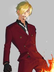 Rule 34 | 1boy, belt, belt buckle, blonde hair, buckle, buttons, cigarette, collared shirt, diable jambe, embers, facial hair, fire, formal, gloves, goatee, grey background, hair over one eye, highres, jacket, large buttons, long sleeves, male focus, necktie, one piece, red jacket, sanji (one piece), shirt, simple background, smoking, solo, suit, white necktie, yao yasan