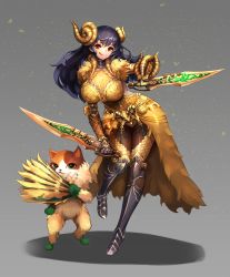 Rule 34 | 1girl, armor, backless dress, backless outfit, black hair, breasts, capcom, dagger, dress, dual wielding, felyne, gold armor, hand fan, highres, holding, knife, kulve taroth (armor), large breasts, long hair, monster hunter, monster hunter: world, monster hunter (series), notte, smile, tongue, tongue out, weapon, yellow eyes