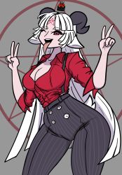 Rule 34 | ;p, absurdres, animal ears, baphomet (grizz), blunt bangs, breasts, cleavage, collared shirt, demon girl, goat ears, goat girl, helltaker, highres, large breasts, long hair, long tongue, one eye closed, pentagram, pinstripe pattern, red eyes, shirt, striped, suspenders, tongue, tongue out, very long hair, white hair, wink