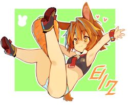 Rule 34 | 1girl, animal ears, armpits, brown hair, carrot, engawa oishii, female focus, heart, highres, necktie, no pants, original, panties, rabbit ears, rabbit tail, short hair, smile, solo, striped clothes, striped panties, tail, underwear