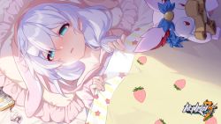 Rule 34 | 1girl, :o, absurdres, artist request, bed, bed sheet, blue eyes, cellphone, doll, from above, hair between eyes, highres, homei (honkai impact), honkai (series), honkai impact 3rd, looking at viewer, official art, open mouth, pajamas, phone, pillow, shadow, sick, side ponytail, solo, theresa apocalypse, towel, towel on head, white hair