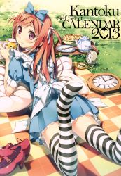 Rule 34 | 1girl, absurdres, alice (alice in wonderland), alice (alice in wonderland) (cosplay), alice in wonderland, bow, brown eyes, checkered floor, clock, cookie, cosplay, cup, dress, floor, food, hair bow, highres, image sample, kantoku, kurumi (kantoku), lying, mary janes, on stomach, original, plate, pocket watch, purple eyes, red footwear, shoes, solo, spoon, striped clothes, striped thighhighs, tea set, teacup, teapot, thighhighs, tray, watch