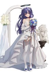 Rule 34 | 1girl, absurdres, alternate costume, blue archive, blue flower, bouquet, breasts, choker, cleavage, closed mouth, dress, flower, full body, gloves, highres, holding, holding bouquet, jewelry, large breasts, leviathan (hikinito0902), long hair, looking at viewer, necklace, pink flower, purple eyes, purple hair, red choker, shoes, simple background, smile, solo, standing, thighhighs, two side up, white background, white dress, white flower, white footwear, white gloves, white thighhighs, yuuka (blue archive)