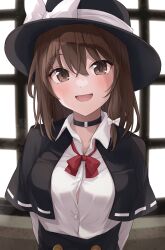 Rule 34 | 1girl, absurdres, arms behind back, black capelet, black choker, black hat, blush, bow, bowtie, brown eyes, brown hair, buttons, capelet, choker, collared shirt, hair between eyes, hat, hat bow, highres, long sleeves, looking at viewer, open mouth, ramie (ramie541), red bow, red bowtie, revision, shirt, short hair, smile, solo, touhou, upper body, usami renko, white bow, white shirt