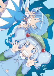 Rule 34 | 2girls, backpack, bag, bloomers, blue background, blue eyes, blue hair, blue shirt, blue skirt, blunt bangs, blush, bow, cirno, collared shirt, commentary request, cowboy shot, double v, dress, flat cap, flat chest, frilled shirt collar, frills, green background, green bow, green headwear, grin, hair bobbles, hair bow, hair ornament, hat, ice, ice wings, jewelry, kawashiro nitori, kei jiei, key, key necklace, long sleeves, looking at viewer, multiple girls, neck ribbon, necklace, pinafore dress, red ribbon, ribbon, shirt, short hair, short sleeves, skirt, skirt set, sleeveless, sleeveless dress, smile, touhou, two-tone dress, two side up, underwear, v, white bloomers, white dress, white shirt, wings
