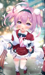 Rule 34 | 1girl, ahoge, azur lane, blurry, blush, bow, bowtie, braid, christmas, clothes grab, commentary request, crying, crying with eyes open, depth of field, diffraction spikes, dot nose, frills, fur trim, gift, hair between eyes, hair ornament, hairband, highres, holding, holding gift, medium hair, miniskirt, mittens, open mouth, pink eyes, pink hair, pom pom (clothes), pom pom hair ornament, pov, red footwear, santa costume, saratoga (azur lane), saratoga (silent night songstress) (azur lane), shiira (nya rl), skindentation, skirt, solo, tears, thighhighs, twintails, white mittens, white skirt