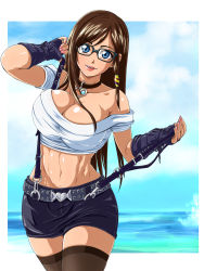 Rule 34 | 1girl, bare shoulders, black thighhighs, blue eyes, breasts, brown hair, choker, cleavage, cosplay, dead or alive, dead or alive 5, female focus, fingerless gloves, glasses, gloves, highres, kokoro (doa), large breasts, long hair, looking at viewer, midriff, miniskirt, nail polish, ocean, pink nails, raburebo, skirt, smile, solo, suspenders, thighhighs, tifa lockhart, tifa lockhart (cosplay), water