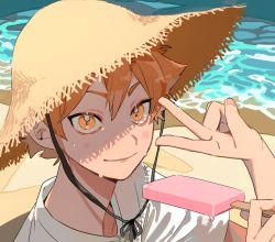 Rule 34 | 1boy, beach, closed mouth, commentary, day, food, haikyuu!!, hair between eyes, hat, highres, hinata shouyou, holding, looking at viewer, male focus, mikuwwwm, orange eyes, orange hair, outdoors, popsicle, portrait, sand, shirt, signature, solo, spiked hair, straw hat, sweat, v, water, white shirt