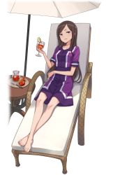 Rule 34 | barefoot, beach umbrella, brown hair, chair, cup, cupping glass, dorothy (princess principal), drink, drinking glass, feet, food, fruit, full body, glass, highres, knife, lemon, lemon slice, long hair, looking at viewer, official art, parted lips, pitcher (container), princess principal, princess principal game of mission, purple eyes, purple skirt, sitting, skirt, solo, table, toes, transparent background, umbrella, wine glass