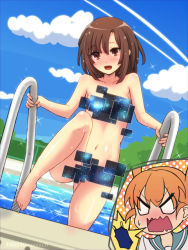 Rule 34 | 2girls, angry, barefoot, blue sky, blush, breasts, brown eyes, brown hair, censored, clothed female nude female, cloud, cloudy sky, collarbone, day, dutch angle, eyes visible through hair, feet, gluteal fold, inset, kilt hide, kitanaga, knee up, looking at viewer, multiple girls, natsukimonou, navel, no pupils, nude, one-piece swimsuit, open mouth, orange hair, outdoors, polka dot, pool, shiny skin, sky, small breasts, speech bubble, spoken object, swimsuit, tagme, toes, ueno-san wa bukiyou, ueno (ueno-san wa bukiyou), water, watermark, wet