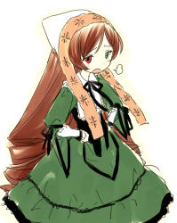 Rule 34 | 00s, 1girl, breath, brown hair, dress, goshiki suzu, green dress, green eyes, hands on own hips, hat, heterochromia, long hair, open mouth, red eyes, rozen maiden, simple background, solo, standing, suiseiseki, very long hair, white background
