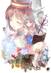 Rule 34 | 2girls, atelier (series), atelier elie, atelier rorona, atelier totori, barrel, bird, blush, bomb, book, boots, brown eyes, brown hair, closed eyes, clover, crystal, detached sleeves, earrings, elfir traum, english text, explosive, female focus, flask, flower, four-leaf clover, full body, glowing, hat, highres, instrument, jewelry, knee boots, long hair, looking at viewer, mouth hold, multiple girls, mushroom, ooba kagerou, open book, open mouth, orange hat, plant, potion, short hair, sign, sitting, skirt, smile, staff, swimsuit, totooria helmold, wand