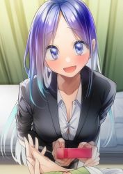 Rule 34 | 2girls, :d, absurdres, blue eyes, blue hair, blush, box, breasts, commentary, female pov, formal, gift, gift box, highres, large breasts, long hair, looking at viewer, multicolored hair, multiple girls, open mouth, original, own hands together, pov, rinku (rin9), smile, suit, teacher, two-tone hair, valentine
