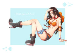 Rule 34 | 1girl, arm tattoo, bag, belt, bikini, bikini top only, black hair, blue background, boots, bra, bracelet, breasts, brown eyes, card, character name, cleavage, facing viewer, female focus, freckles, full body, genderswap, genderswap (mtf), hair ornament, hand in own hair, hand up, happy, hat, hat on back, high heel boots, high heels, jewelry, layla (coco&amp;chic), leg up, legs, licking, licking lips, long hair, looking at viewer, medium breasts, midriff, navel, necklace, one piece, orange bikini, orange bra, parted lips, portgas d. ace, portgas d. anne, short shorts, shorts, sitting, smile, solo, spade, stampede string, swimsuit, tattoo, thigh strap, tongue, tongue out, underwear