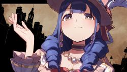 Rule 34 | 1girl, absurdres, blue hair, brown background, brown eyes, building, choker, closed mouth, collarbone, commentary request, dress, drill hair, dutch angle, earrings, goe (g-o-e), hanayagi kaoruko, hand up, hat, hat feather, hat ribbon, highres, jewelry, long hair, looking at viewer, necklace, official alternate costume, pink hat, portrait, purple dress, ribbon, shoujo kageki revue starlight, shoujo kageki revue starlight -re live-, signature, silhouette, smug, solo, upper body