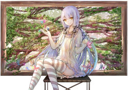 Rule 34 | 1girl, bad id, bad pixiv id, bai qi-qsr, bench, branch, bug, butterfly, hands up, insect, long hair, looking at viewer, picture frame, plant, purple hair, sidelocks, sitting, solo, striped clothes, striped thighhighs, thighhighs, vines, vocaloid, vocanese, xingchen, yellow eyes