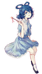 Rule 34 | 1girl, ;d, black footwear, blue dress, blue eyes, blue hair, breasts, commentary request, dress, drill hair, drill sidelocks, hair rings, highres, holding, holding stick, kaku seiga, looking at viewer, one eye closed, open clothes, open mouth, open vest, outline, petticoat, puffy short sleeves, puffy sleeves, short hair, short sleeves, sidelocks, simple background, sitting, small breasts, smile, socks, solo, stick, touhou, uranaishi (miraura), vest, white background
