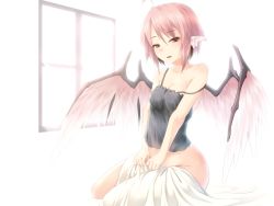 Rule 34 | 1girl, ahoge, animal ears, ayagi daifuku, backlighting, bare arms, bare shoulders, bird wings, blanket, bottomless, breasts, camisole, chemise, cleavage, collarbone, looking at viewer, mystia lorelei, naked shirt, off shoulder, open mouth, pink eyes, pink hair, shirt, sitting, solo, strap slip, touhou, v arms, waking up, window, wings