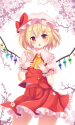 Rule 34 | 1girl, arm ribbon, ascot, blonde hair, blush, bow, collared shirt, cowboy shot, crystal, dress shirt, flandre scarlet, flower, frilled cuffs, frilled shirt collar, frilled skirt, frills, hands on own chest, hands up, hat, hat bow, legs apart, looking at viewer, mob cap, open mouth, orange eyes, puffy short sleeves, puffy sleeves, red bow, red eyes, red skirt, red vest, ribbon, shirt, short sleeves, side ponytail, skirt, skirt set, solo, spread wings, teeth, touhou, vest, wei re, white hat, white shirt, wings, wrist cuffs, yellow ascot