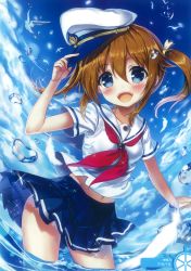 Rule 34 | 10s, 1girl, absurdres, akabane, blue eyes, blue skirt, blush, brown hair, cloud, cowboy shot, day, eyebrows, feathers, grey ribbon, hair between eyes, hair ribbon, hand on headwear, hat, high school fleet, highres, holding, long hair, midriff, misaki akeno, navel, open mouth, partially submerged, pleated skirt, ribbon, shirt, skirt, sky, solo, twintails, wading, water, white feathers, white shirt