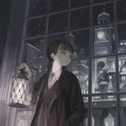 Rule 34 | 1girl, black coat, black hair, blunt bangs, braid, building, city, clock, clock tower, coat, collared shirt, commentary, european architecture, expressionless, from below, glasses, grey eyes, hand in pocket, hand up, highres, holding, holding lantern, hotatenshi, indoors, lantern, long hair, long sleeves, looking afar, looking to the side, low twin braids, night, night sky, original, parted lips, round eyewear, scenery, shirt, sky, snow, snowing, solo, standing, tower, twin braids, twintails, upper body, white shirt, window, winter