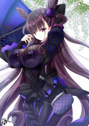 Rule 34 | 1girl, arm up, black dress, breasts, brown hair, chize, closed mouth, commentary request, cone hair bun, dress, fate/grand order, fate (series), fingernails, frilled umbrella, frills, hair bun, hair ornament, juliet sleeves, large breasts, long hair, long sleeves, looking at viewer, murasaki shikibu (fate), puffy sleeves, purple eyes, purple umbrella, smile, solo, two side up, umbrella, very long hair, white background