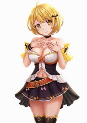 Rule 34 | 1girl, ahoge, bare shoulders, bat hair ornament, black thighhighs, blonde hair, breasts, choker, cleavage, commentary, cowboy shot, gold trim, hair ornament, highres, hololive, kazenokaze, large breasts, miniskirt, navel, revealing clothes, see-through, short hair, simple background, skirt, solo, thighhighs, thighs, virtual youtuber, wavy mouth, white background, yellow eyes, yozora mel, yozora mel (1st costume)