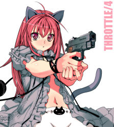 Rule 34 | animal ears, cat ears, cat tail, gun, handgun, m1911, pink eyes, pink hair, pistol, red eyes, red hair, sanbasou, solo, tail, weapon