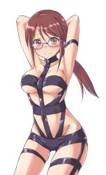 Rule 34 | 1girl, aimobake, arm strap, armpits, arms behind head, arms up, bare arms, bare shoulders, blush, breasts, brown hair, closed mouth, commentary request, cowboy shot, glasses, groin, highres, hot limit, idolmaster, idolmaster cinderella girls, long hair, looking at viewer, medium breasts, mifune miyu, ponytail, purple-framed eyewear, red eyes, revealing clothes, simple background, smile, solo, standing, t.m.revolution, white background