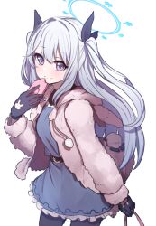 Rule 34 | 1girl, alternate hairstyle, black gloves, black pantyhose, blue archive, blue dress, blue halo, cellphone, closed mouth, cowboy shot, dress, gloves, grey hair, hair between eyes, halo, highres, holding, holding phone, jacket, long hair, long sleeves, miyako (blue archive), open clothes, open jacket, pantyhose, phone, pink jacket, purple eyes, sakishimadara, simple background, smartphone, smile, solo, two side up, white background