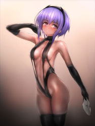 Rule 34 | 1girl, black gloves, black leotard, blush, bouto (paranoia), breasts, closed mouth, cowboy shot, dark-skinned female, dark skin, elbow gloves, fate/prototype, fate/prototype: fragments of blue and silver, fate (series), gloves, hair between eyes, hassan of serenity (fate), highres, holding, holding mask, latex, latex gloves, latex legwear, latex leotard, leotard, looking at viewer, mask, medium breasts, navel, pink eyes, purple hair, revealing clothes, short hair with long locks, smile, solo, thighs