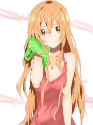 Rule 34 | 1girl, absurdres, after bathing, asuna (sao), blonde hair, blouse, breasts, brown eyes, cleavage, collarbone, covered navel, dress, hair between eyes, head tilt, highres, large breasts, long hair, looking at viewer, red dress, red shirt, shirt, sleeveless, sleeveless shirt, smile, solo, sword art online, upper body, very long hair, wet, wet clothes, wet shirt, white background