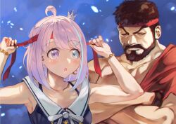 Rule 34 | 1boy, 1girl, :o, beard, black hair, blue dress, blue eyes, blush, candy hair ornament, closed eyes, closed mouth, crossed arms, crown, dress, earrings, facial hair, falling petals, food-themed hair ornament, hair ornament, headband, heterochromia, highres, himemori luna, himemori luna (sundress), hololive, jewelry, long hair, looking at another, mini crown, muscular, muscular male, official alternate costume, open mouth, otsudou, petals, pink eyes, pink hair, red headband, ryu (street fighter), short hair, street fighter, street fighter 6, virtual youtuber