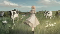 Rule 34 | 1girl, animal, apron, black footwear, blue eyes, blue sky, brown hair, character request, chihuri, closed mouth, cloud, collared dress, commentary request, cow, day, dress, field, floating hair, flower, grass, grey dress, highres, long hair, outdoors, shoes, sky, smile, solo, tree, very long hair, vocaloid, waist apron, white apron, white flower, windmill