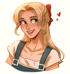 Rule 34 | 1girl, absurdres, artist name, blonde hair, blue eyes, blue overalls, borrowed character, bow, chalseu, collarbone, commentary, cropped torso, english commentary, hair behind ear, hair bow, highres, jewelry, long hair, necklace, open mouth, overalls, portrait, real life, red bow, signature, smile, solo