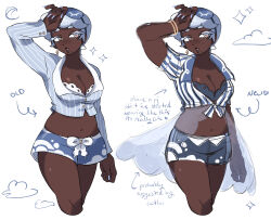 Rule 34 | 1girl, absurdres, animal ears, blue eyes, blue nails, breasts, cleavage, colored eyelashes, commentary, cropped jacket, cropped legs, dark-skinned female, dark skin, english commentary, english text, front-tie top, hand on own forehead, highres, large breasts, mask, mask on head, midriff, muffin top, multicolored eyes, navel, orange eyes, original, pcktknife, short hair, sketch, sleep mask, sparkle, very dark skin